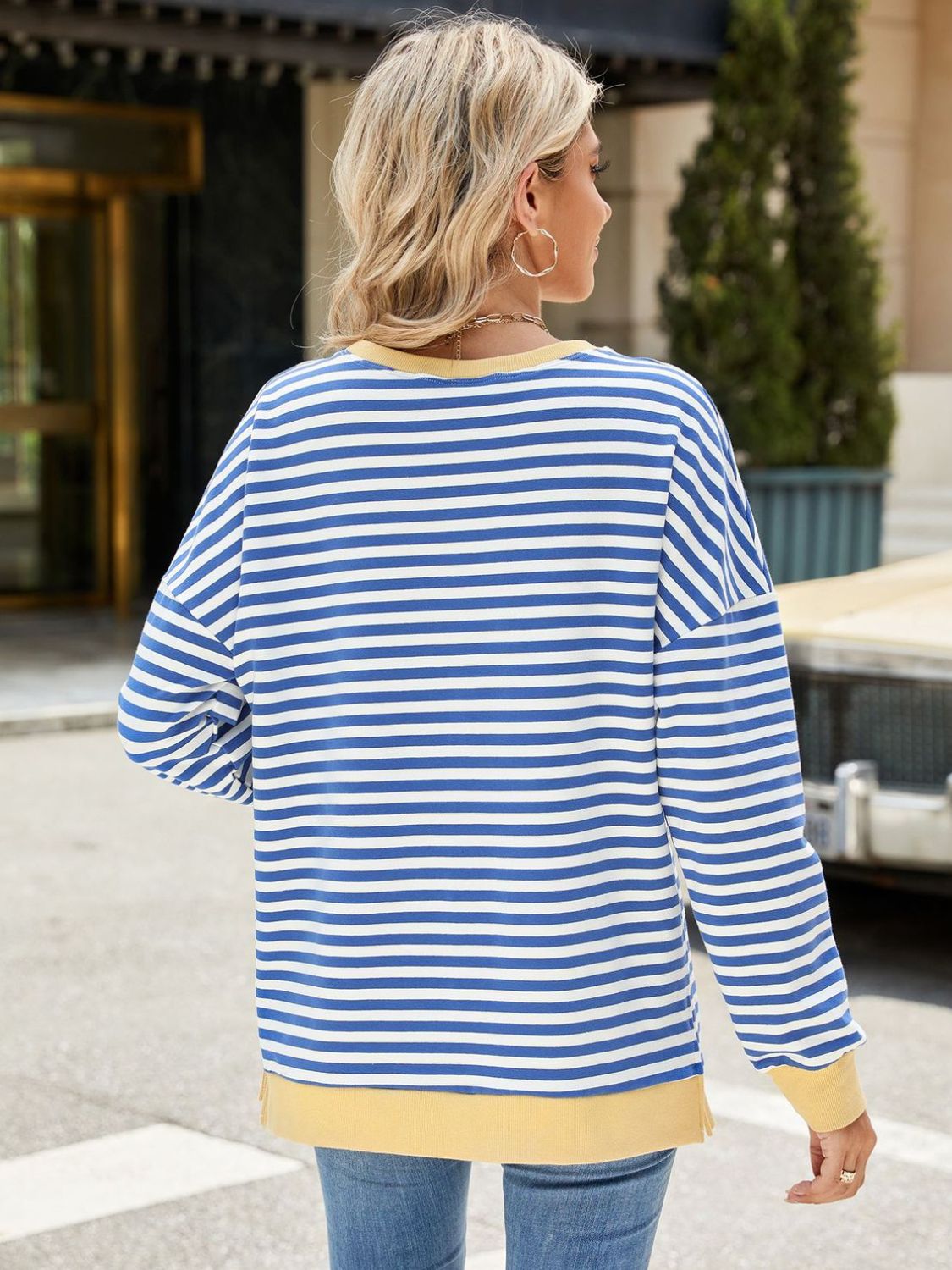 Slit Striped Round Neck Long Sleeve Sweatshirt -Blue