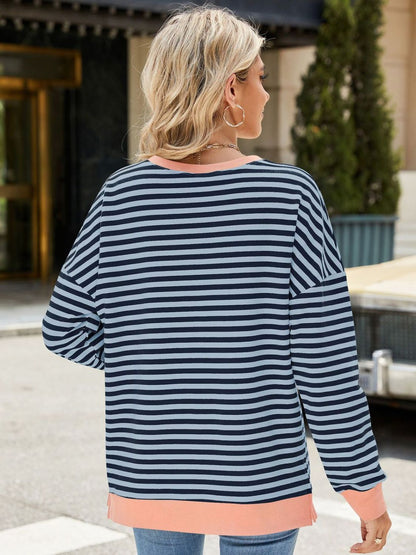 Slit Striped Round Neck Long Sleeve Sweatshirt -Peacock Blue