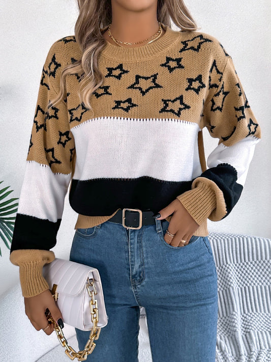 Star Contrast Round Neck Sweater featuring a chic star design, made from 100% acrylic. Slightly stretchy for a comfortable fit. Available in sizes S to XL.