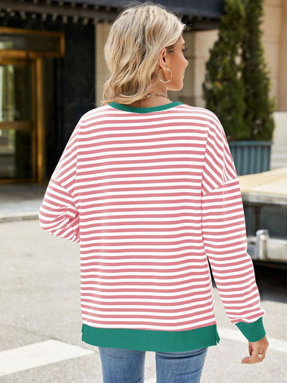 Slit Striped Round Neck Long Sleeve Sweatshirt -Red