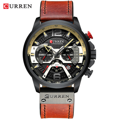 Men's Casual Sport Watch with chronograph function, seconds, minute, and 24-hour small dials, and a leather wristband.