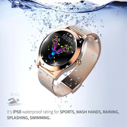 Women's IP68 waterproof smartwatch: stylish, durable, fitness tracker, and connected for all activities.