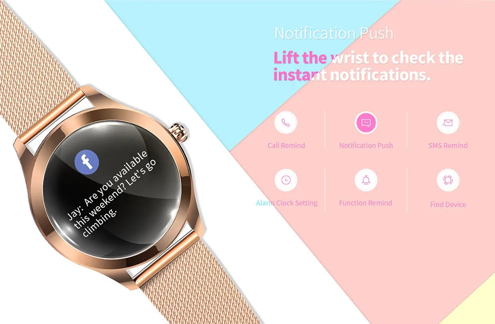 Women's IP68 waterproof smartwatch: stylish, durable, fitness tracker, and connected for all activities.