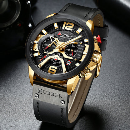 Men's Casual Sport Watch with chronograph function, seconds, minute, and 24-hour small dials, and a leather wristband.