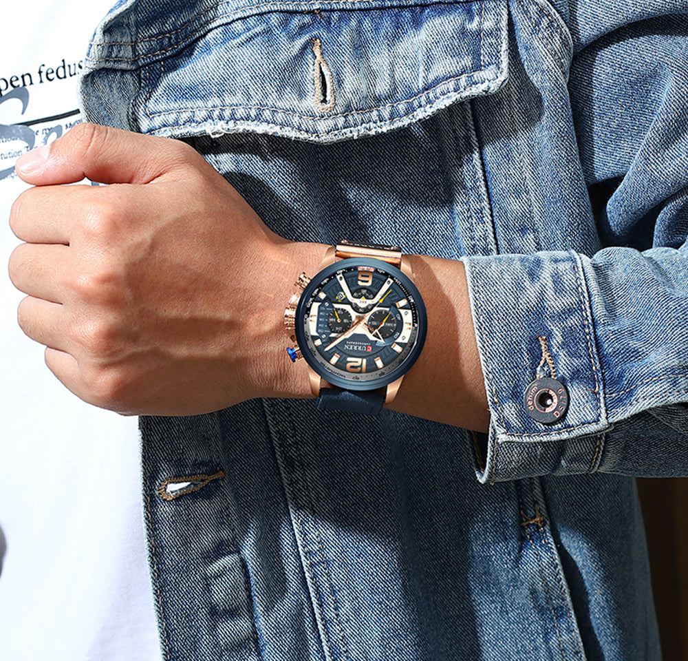 Men's Casual Sport Watch with chronograph function, seconds, minute, and 24-hour small dials, and a leather wristband.