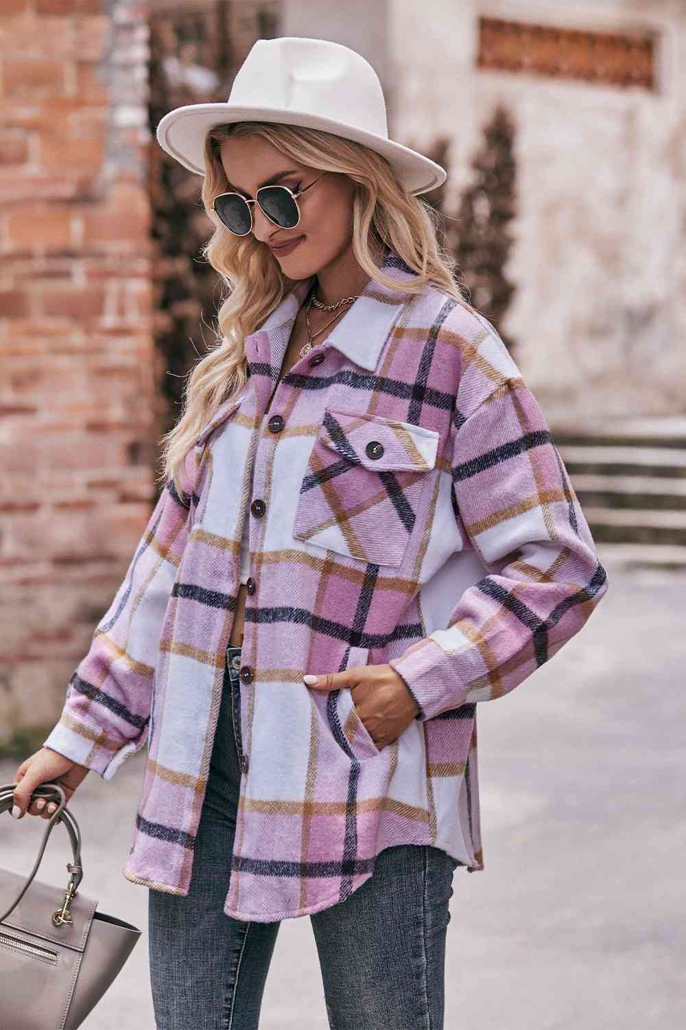 Plaid long sleeve shirt jacket: classic style, 100% polyester, lightweight, durable, with button closure and convenient pockets.