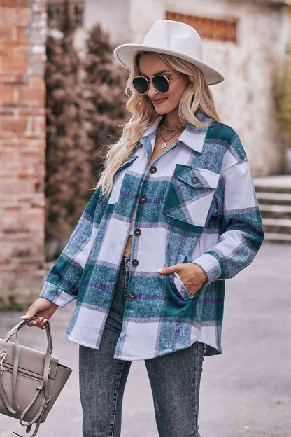 Plaid long sleeve shirt jacket: classic style, 100% polyester, lightweight, durable, with button closure and convenient pockets.