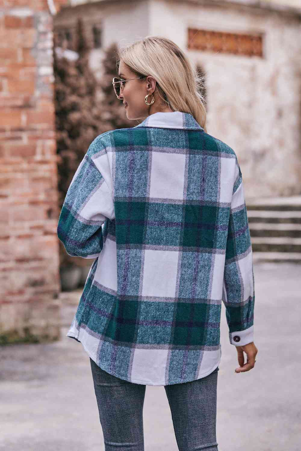 Plaid long sleeve shirt jacket: classic style, 100% polyester, lightweight, durable, with button closure and convenient pockets.