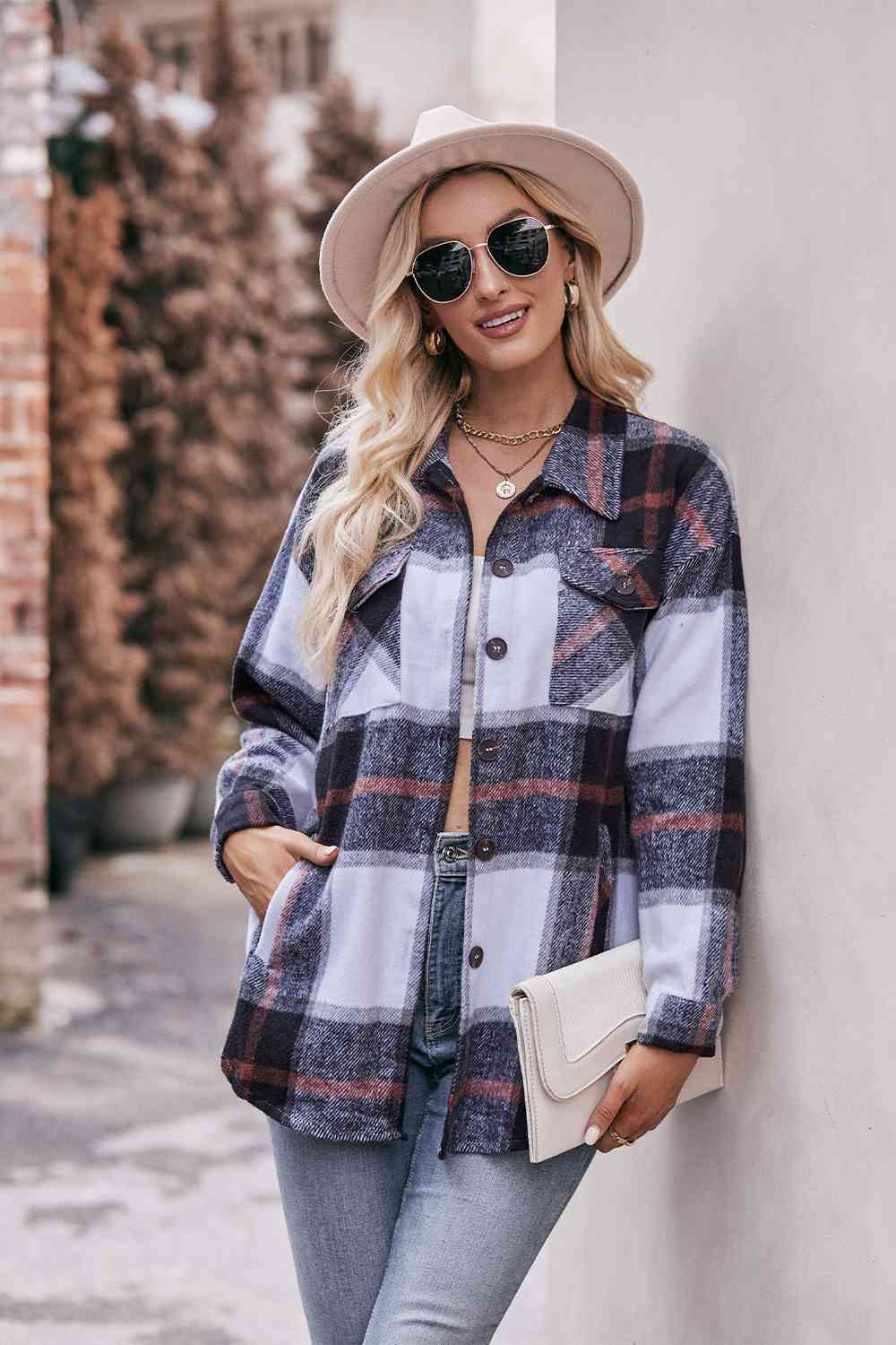 Plaid long sleeve shirt jacket: classic style, 100% polyester, lightweight, durable, with button closure and convenient pockets.