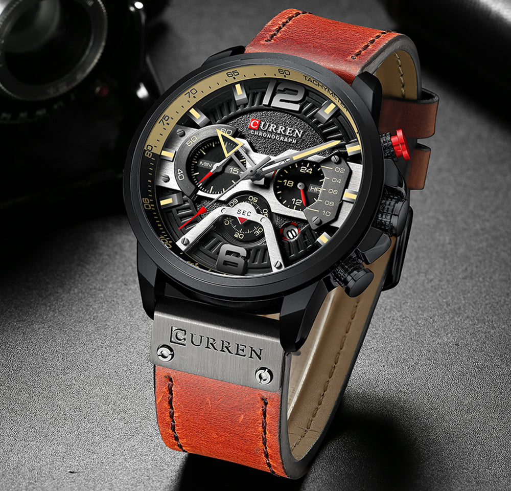 Men's Casual Sport Watch with chronograph function, seconds, minute, and 24-hour small dials, and a leather wristband.