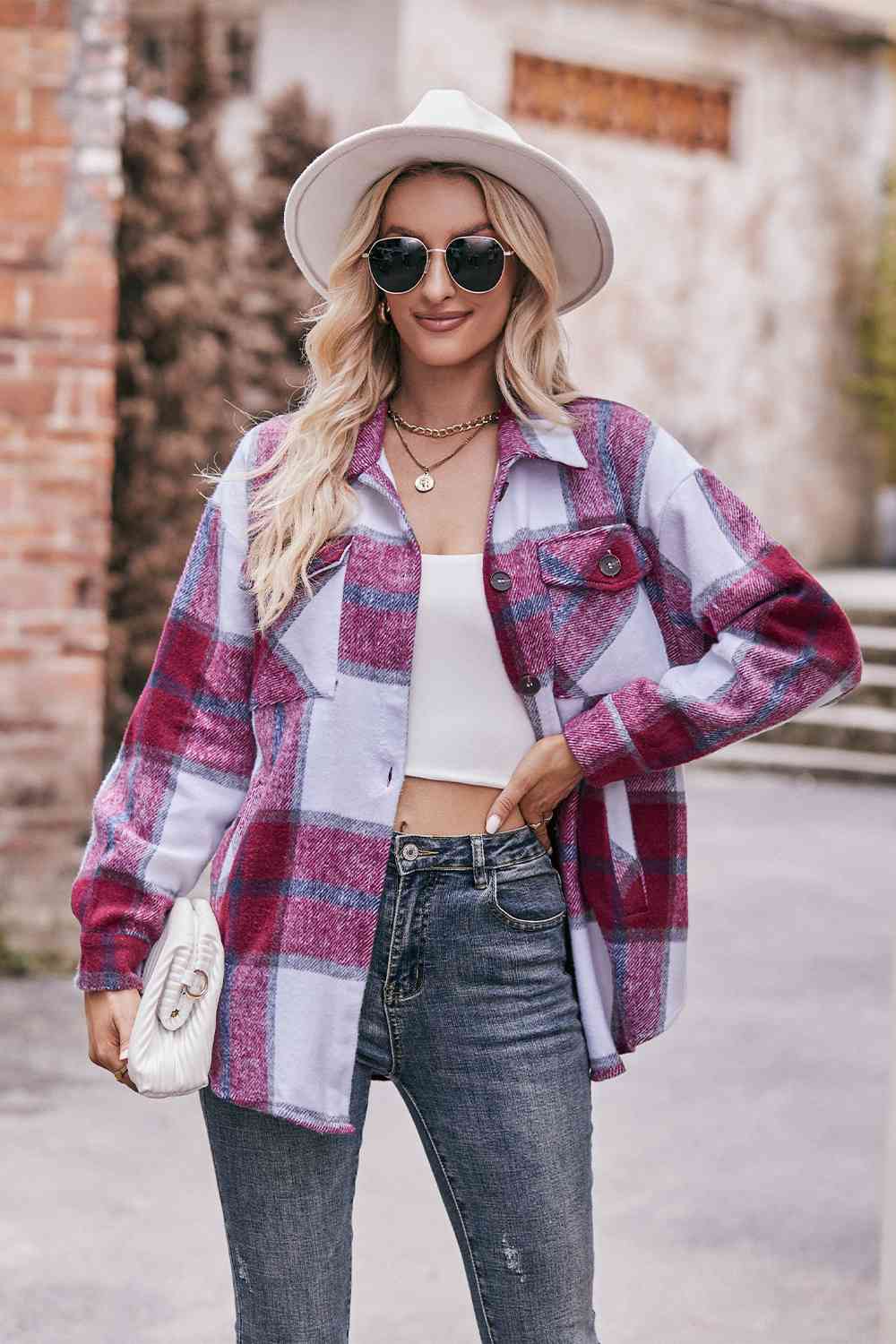 Plaid long sleeve shirt jacket: classic style, 100% polyester, lightweight, durable, with button closure and convenient pockets.