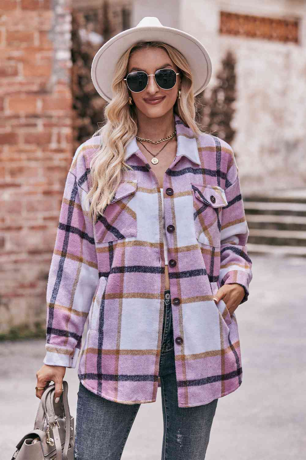 Plaid long sleeve shirt jacket: classic style, 100% polyester, lightweight, durable, with button closure and convenient pockets.