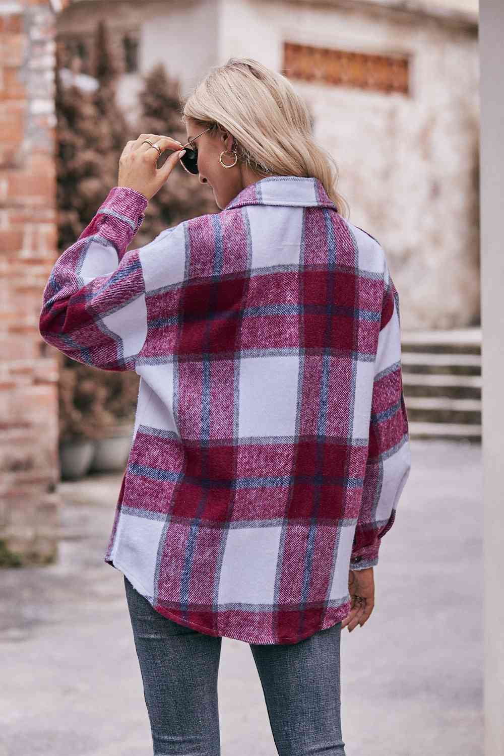 Plaid long sleeve shirt jacket: classic style, 100% polyester, lightweight, durable, with button closure and convenient pockets.