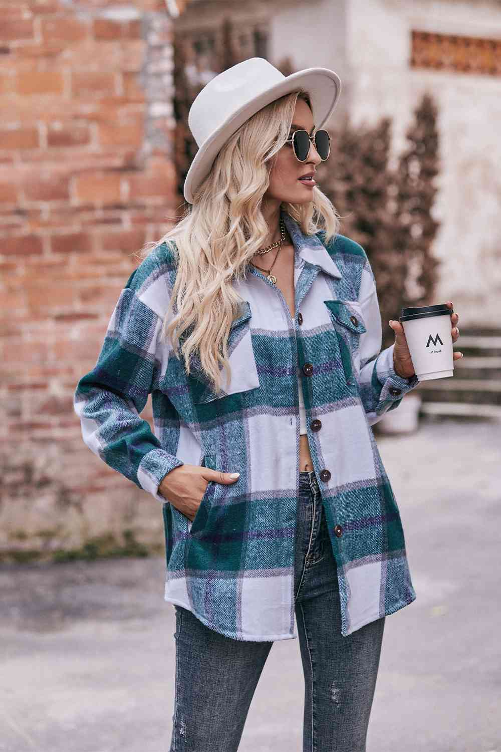 Plaid long sleeve shirt jacket: classic style, 100% polyester, lightweight, durable, with button closure and convenient pockets.