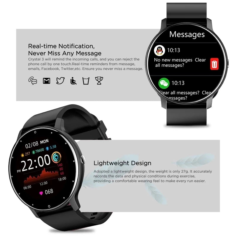  Full Touch Screen Fitness Smart Watch: modern design, tracks activity, heart rate, and more with advanced technology.