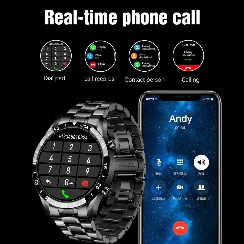 Waterproof Smart Watch with phone call features, heart rate and blood pressure monitoring, sleep tracking, and sedentary reminders. Reliable and stylish for staying connected.