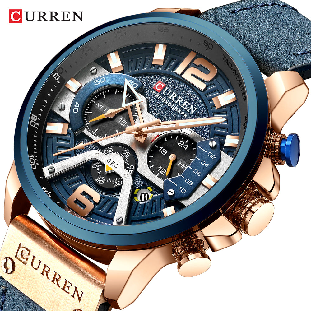 Men's Casual Sport Watch with chronograph function, seconds, minute, and 24-hour small dials, and a leather wristband.