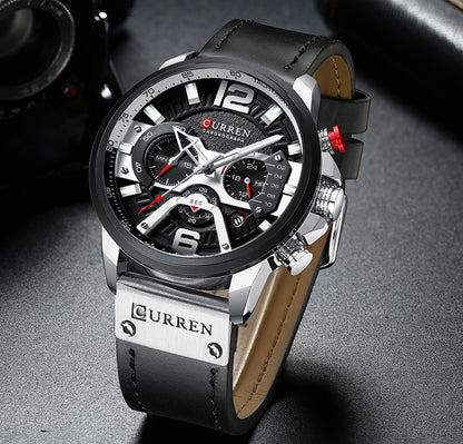 Men's Casual Sport Watch with chronograph function, seconds, minute, and 24-hour small dials, and a leather wristband.