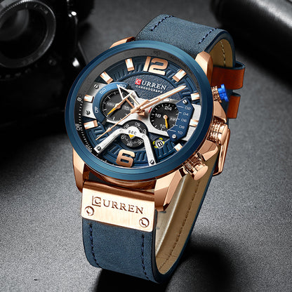 Men's Casual Sport Watch with chronograph function, seconds, minute, and 24-hour small dials, and a leather wristband.