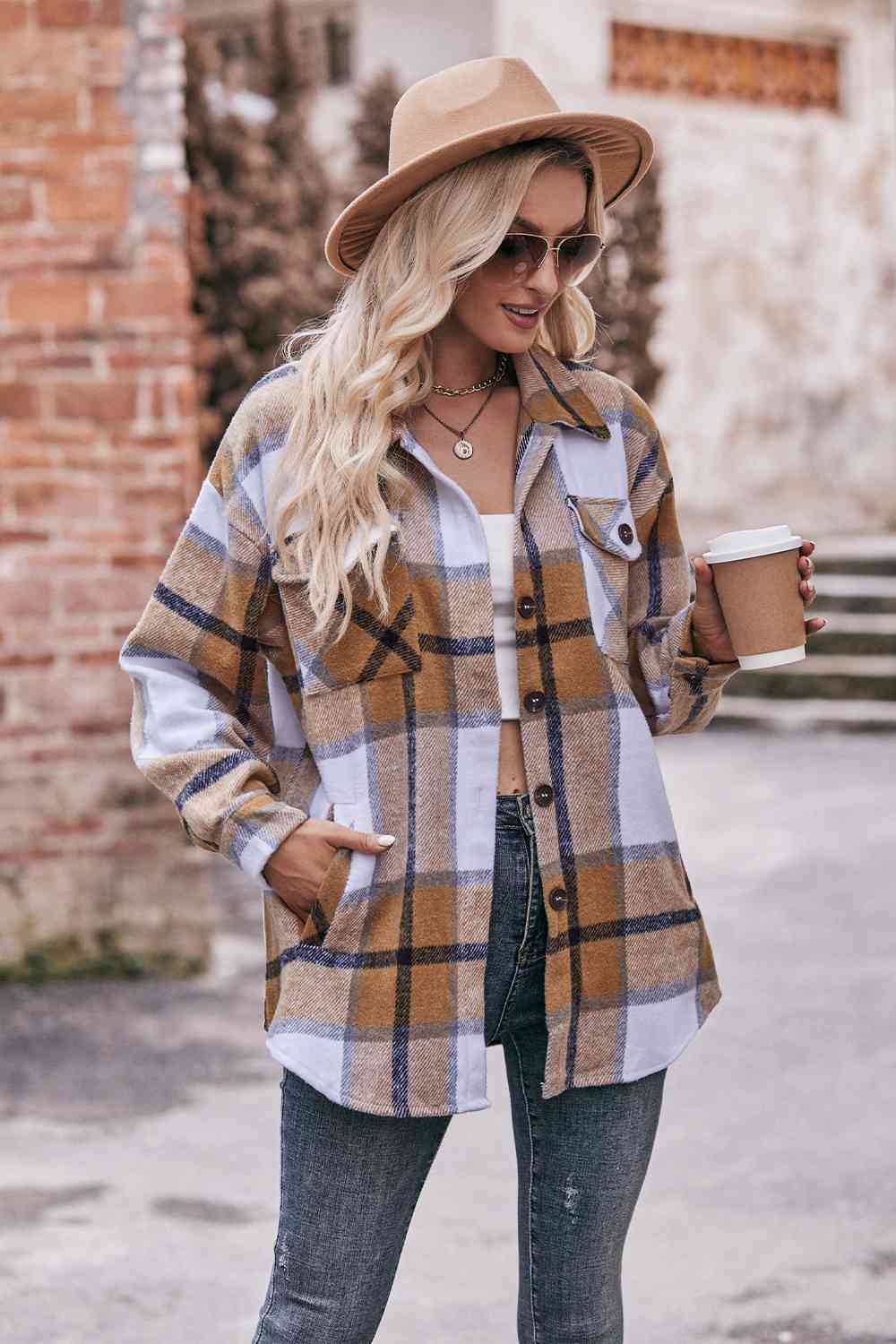 Plaid long sleeve shirt jacket: classic style, 100% polyester, lightweight, durable, with button closure and convenient pockets.