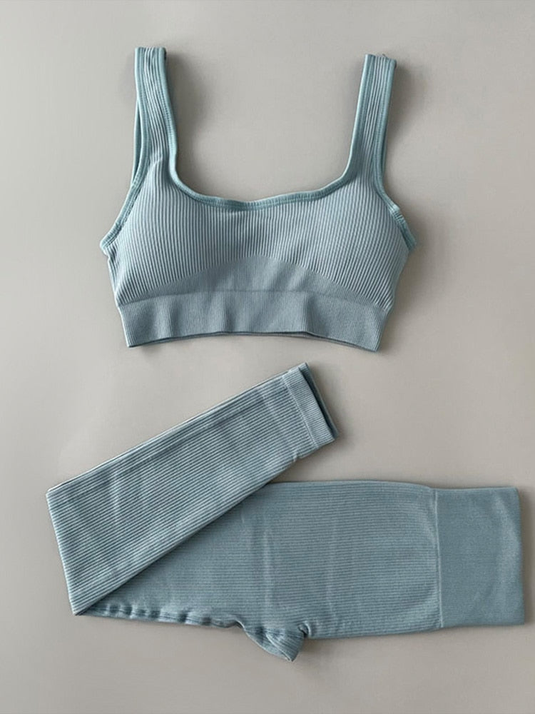 Two-piece Yoga Clothing Set with high-waisted, seamless leggings and a versatile, airy top for comfort and style during any workout.