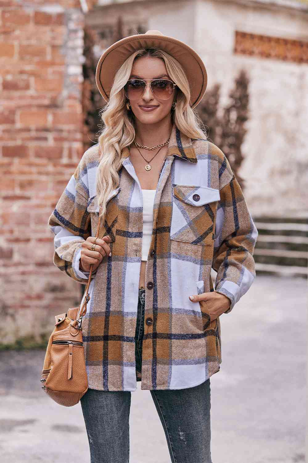 Plaid long sleeve shirt jacket: classic style, 100% polyester, lightweight, durable, with button closure and convenient pockets.