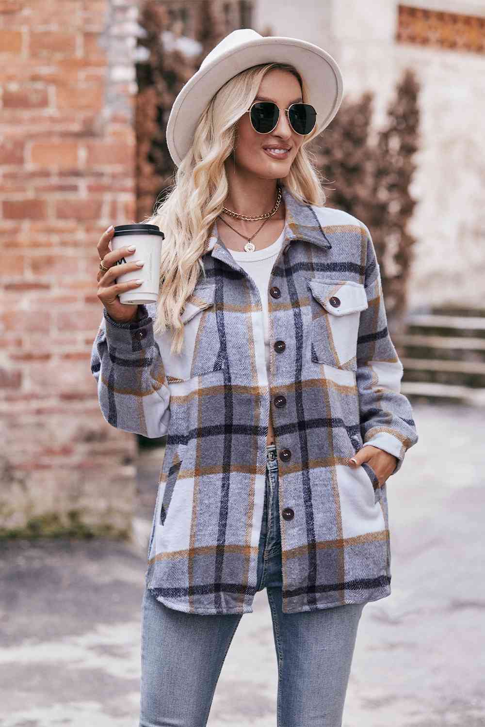 Plaid long sleeve shirt jacket: classic style, 100% polyester, lightweight, durable, with button closure and convenient pockets.