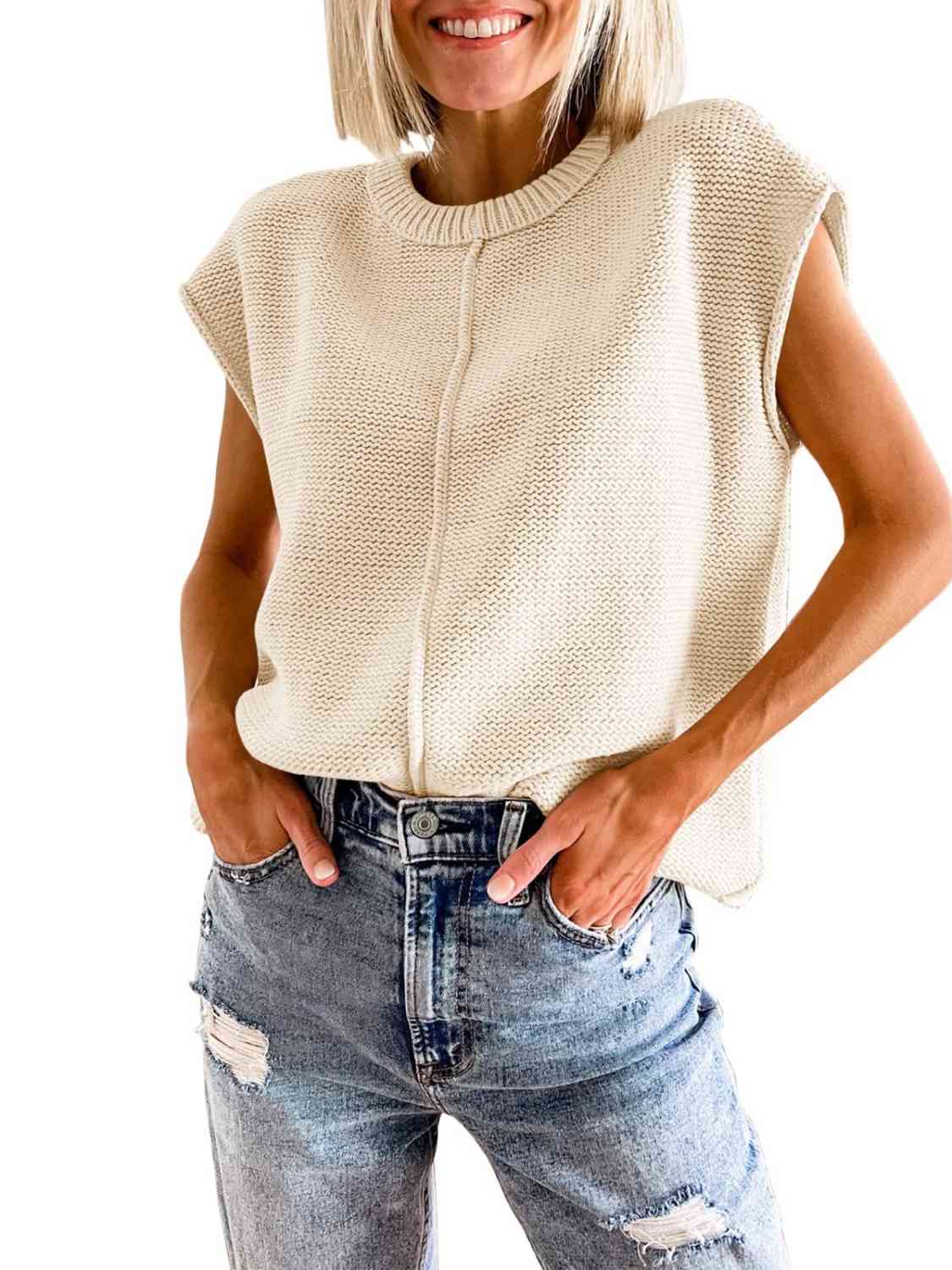 Cap sleeve sweater vest: stylish, versatile, soft fabric, adds elegance to any outfit.