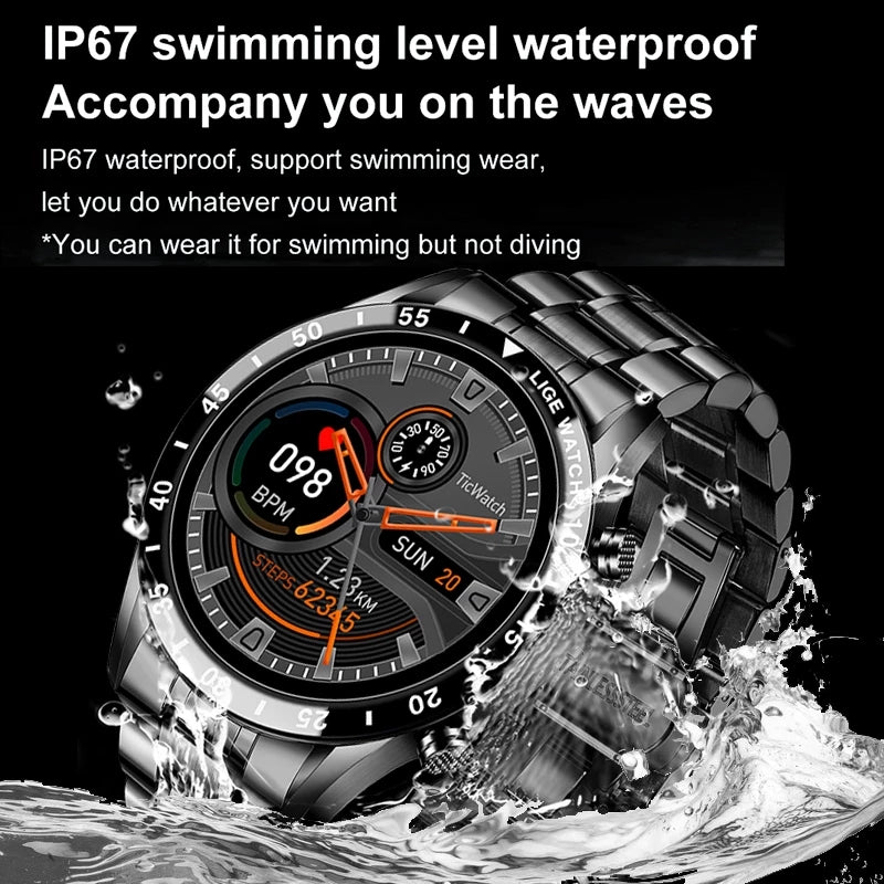 Waterproof Smart Watch with phone call features, heart rate and blood pressure monitoring, sleep tracking, and sedentary reminders. Reliable and stylish for staying connected.