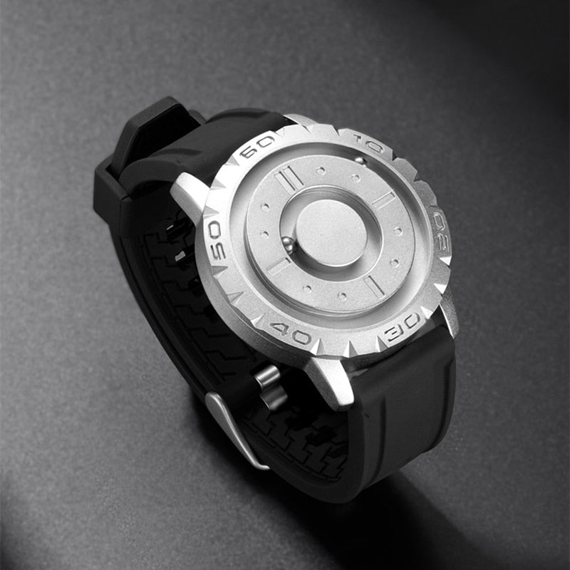 Eutour Iron Ball Magnetic Pointer Watch: unique style, precision, magnetic pointer, quartz movement, rubber strap, modern fashion statement.